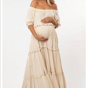 Cream Off Shoulder Ruffle Tiered Maternity Maxi Dress